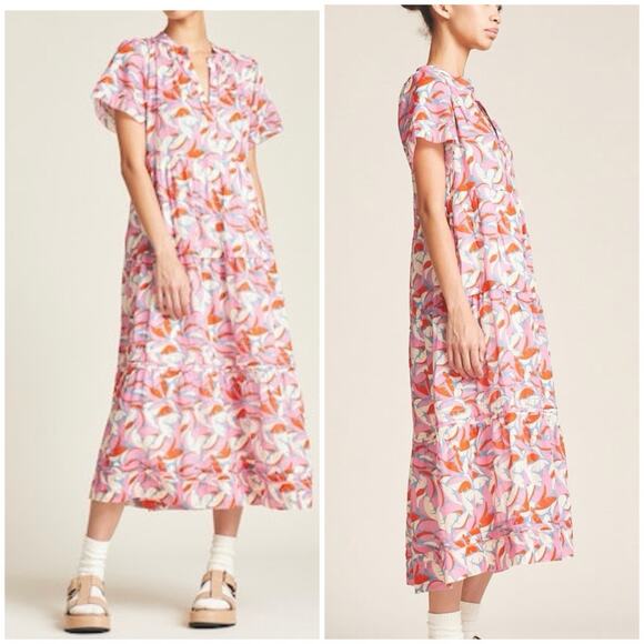 Trovata Dresses & Skirts - Birds of Paradis by TROVATA Pink Tropical Print Tiered Boho Midi Dress L